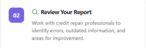 Review Your Report Review Your Report Work with credit repair professionals to identify errors, outdated information, and areas for improvement.